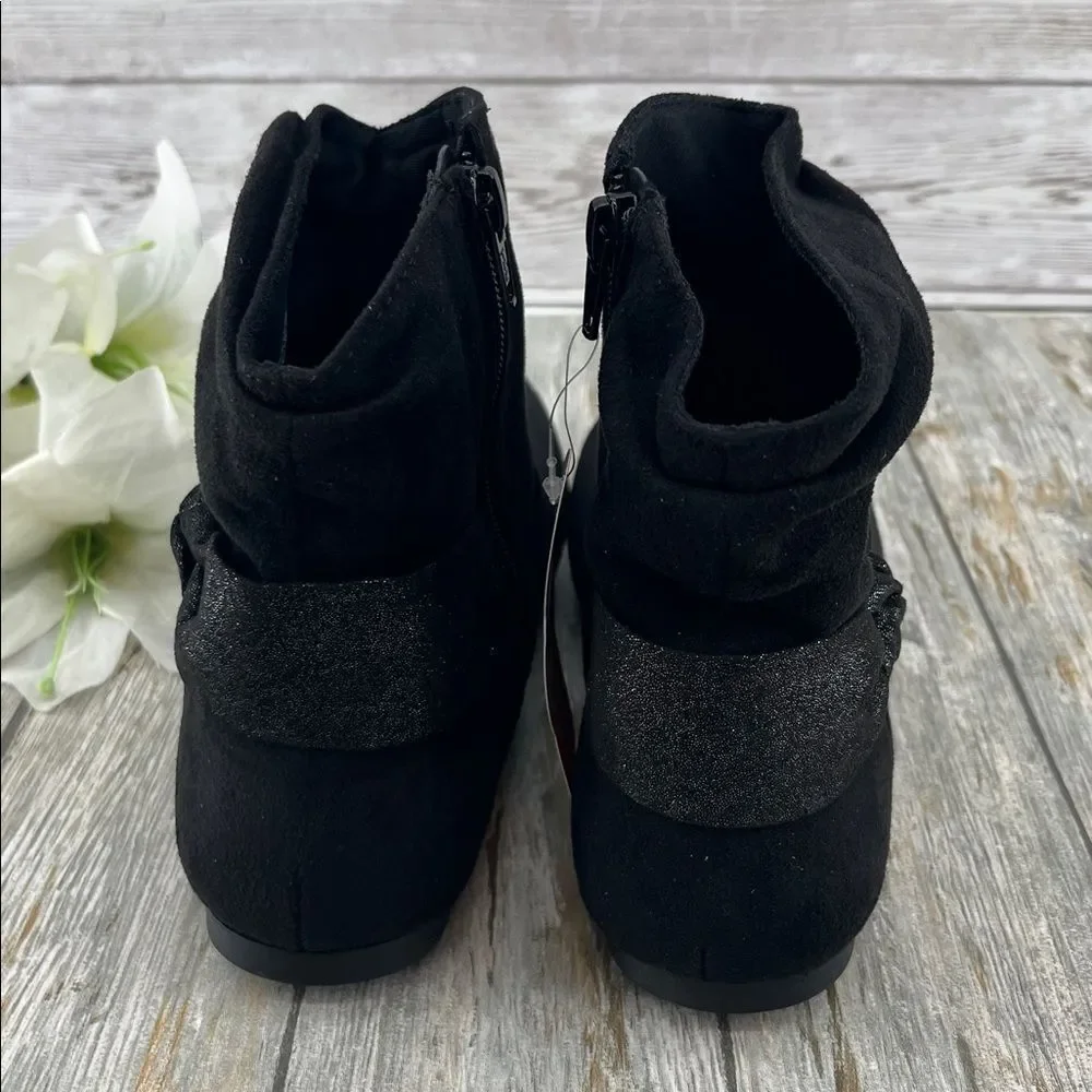 Big Girls Black Faux Suede Slouch Bow Ankle Boots Shoes Size 5